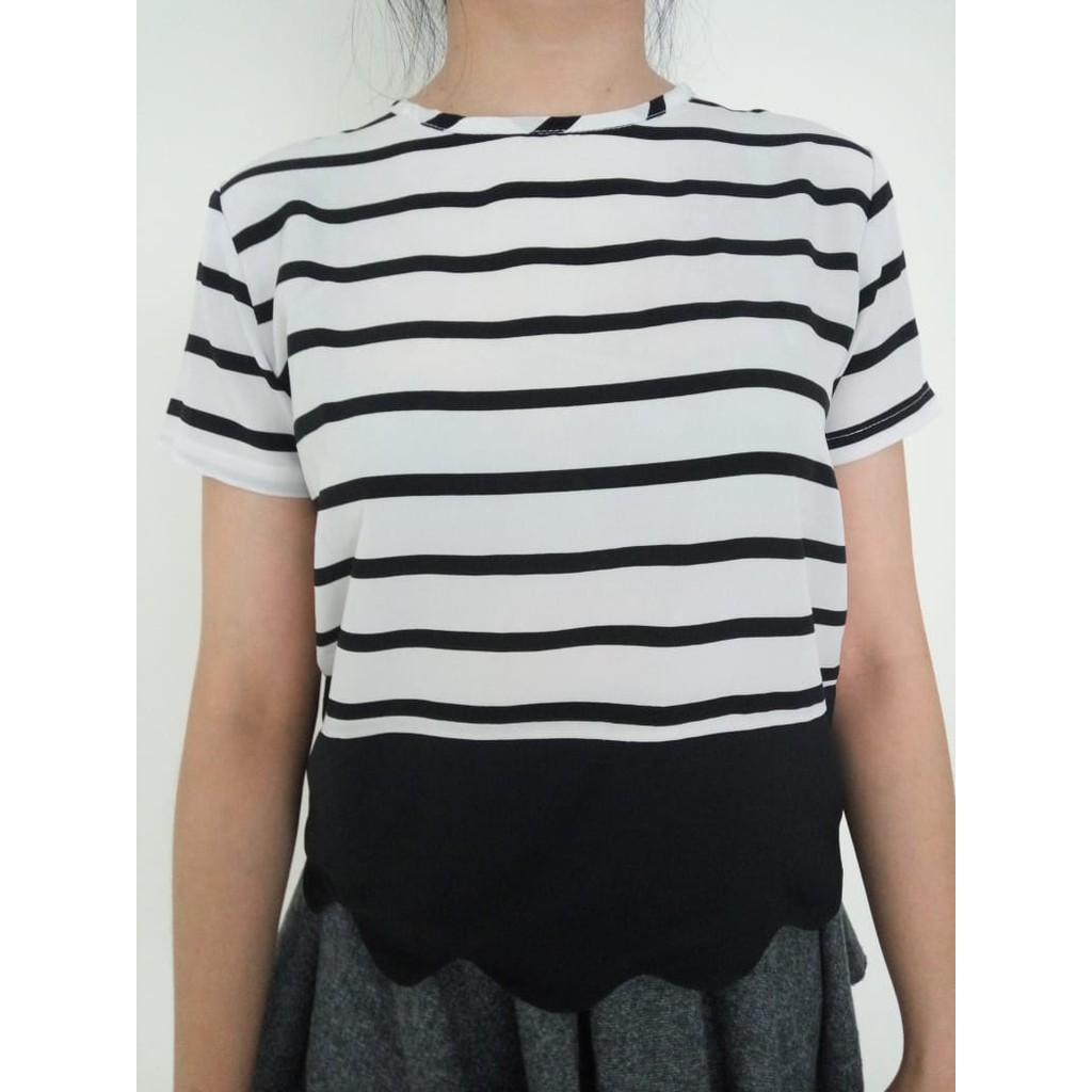 SALE baju atasan wanita motif garis putih hitam