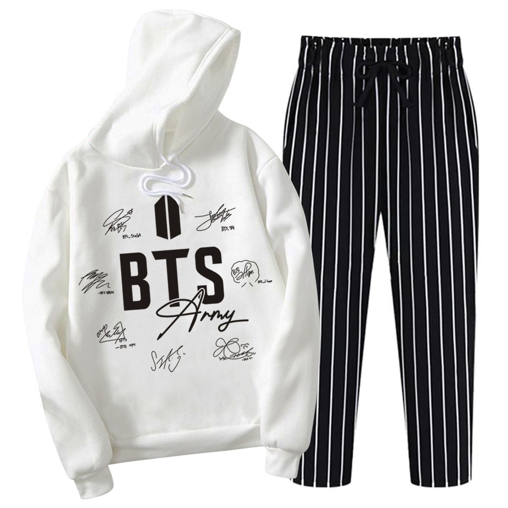 BESS - Baju Setelan Wanita Murah / Setelan Hoodie + Celana Salur Putih - ARMY TTD