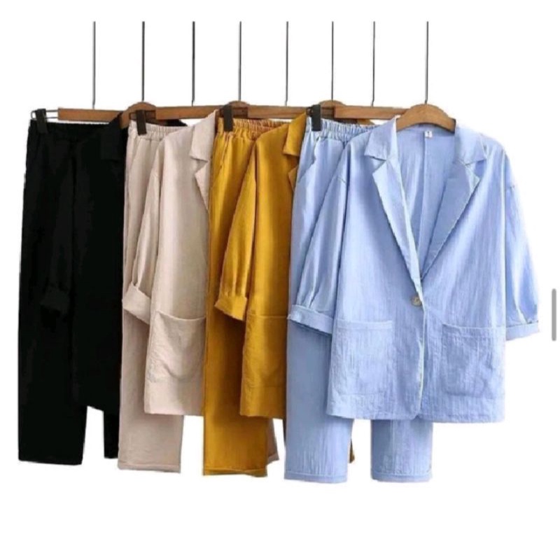 Setelan Seyhu(Blazer+Celana) Bahan Rayon Crinkle Premium