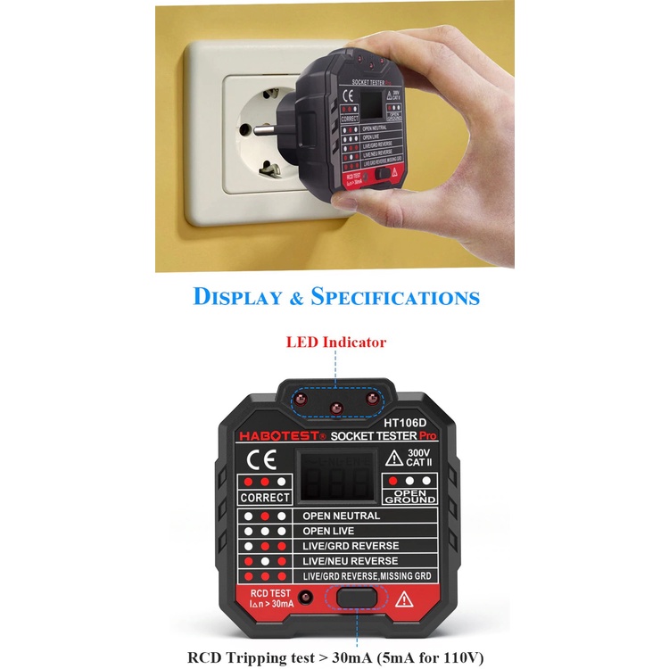 PROMO Stop Kontak Voltage Tester Socket Detector Eu Plug - HT106D HABOTEST XIHZ01BK