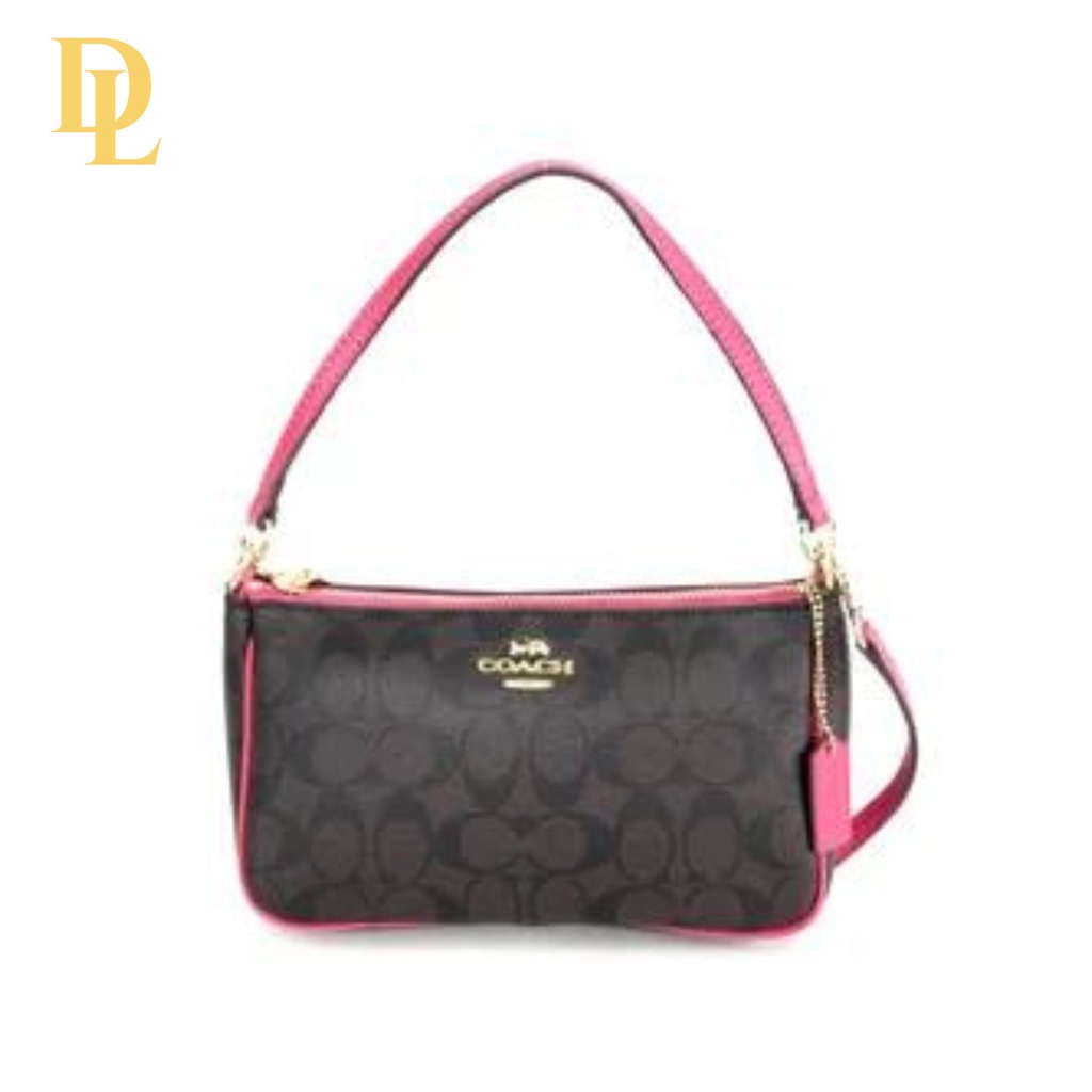 COACH SIGNATURE TOP HANDLE POUCH DARK BROWN LIST PINK (C36674)