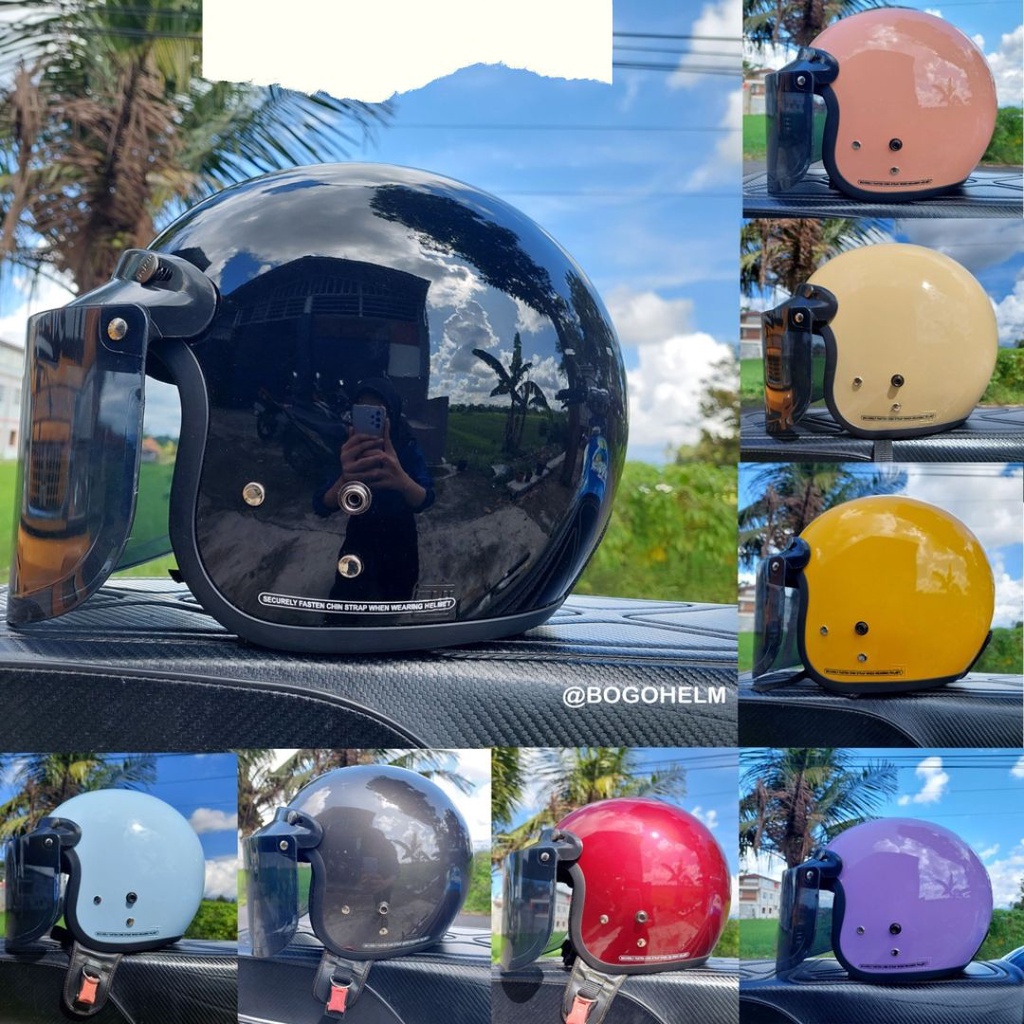 Helm bogo kaca datar retro pria wanita dewasa warna hitam ukuran S/M/L/XL SNI