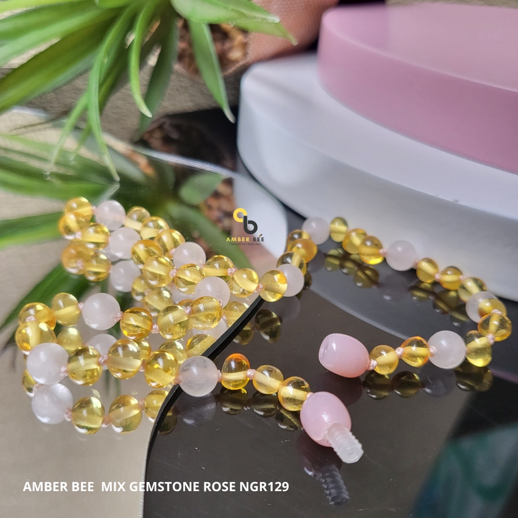 AMBERBEE Set Kalung Gelang Amber ORI Baltic Anak Premium Glossy Lime Gemstone Rose SNBGLR129133