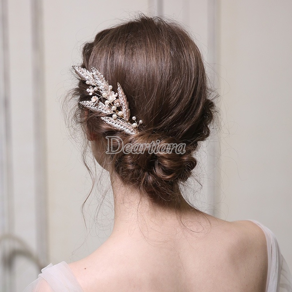 Fashion Pearl Leaf Bridal Comb Wedding Party Golden Accessories European and American Headdress Original Handmade Comb