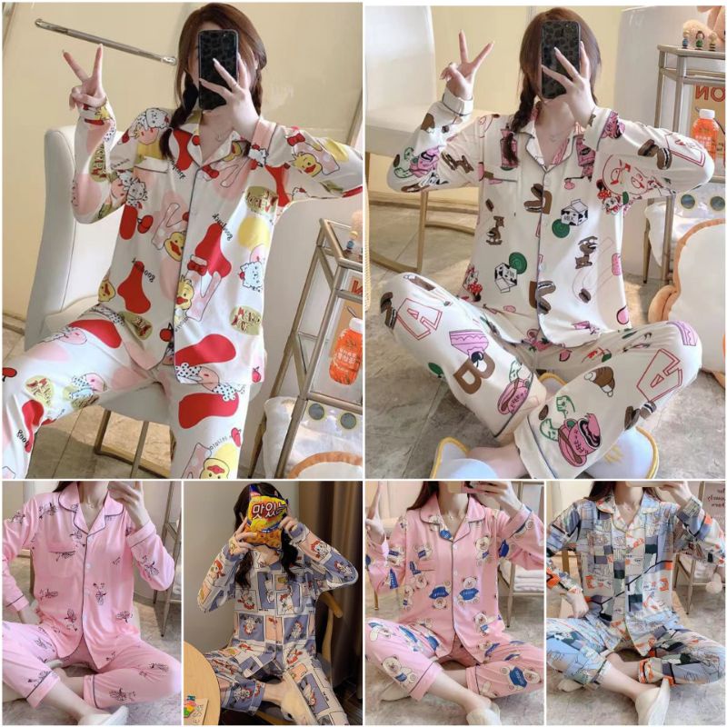 BAJU TIDUR PIYAMA WANITA KANCING IMPORT / STELAN PIYAMA PANJANG WANITA IMPORT