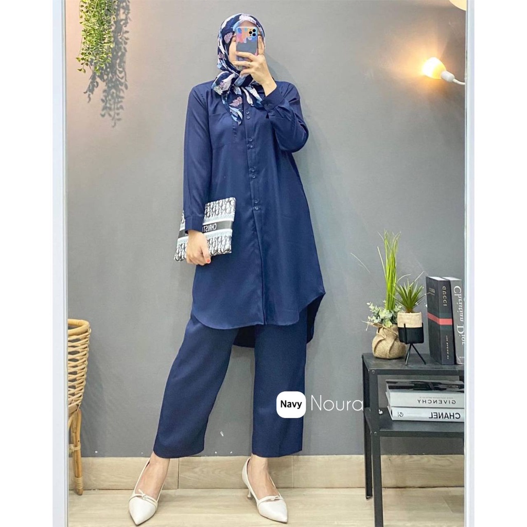 Noura One Set Wanita Tunik Shakila Premium Setelan Wanita Lengan Panjang Set Baju Muslim Kekinian LD 110 cm