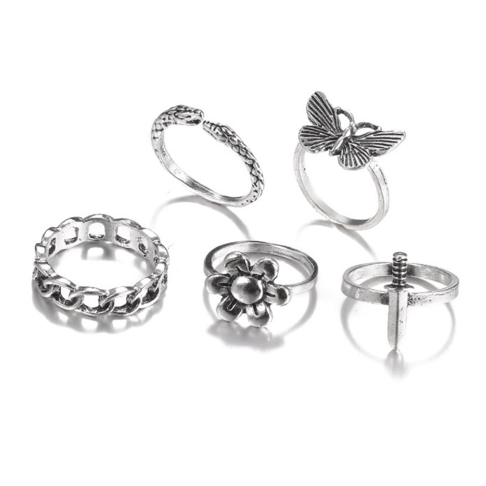 5Pcs/set New Retro Creative Simple Ladies Jewelry Dark Atmosphere Butterfly Dagger Snake Rings