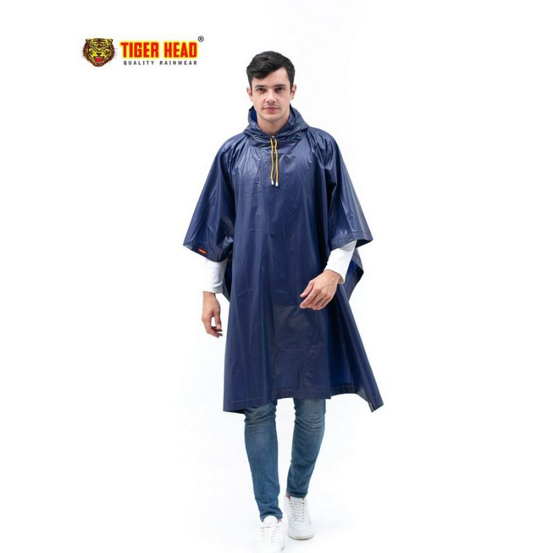 Jas Hujan Ponco Lengan Pendek Pria Dewasa Bahan PVC Awet Tebal Warna Biru Navy Model Terbaru Bagus