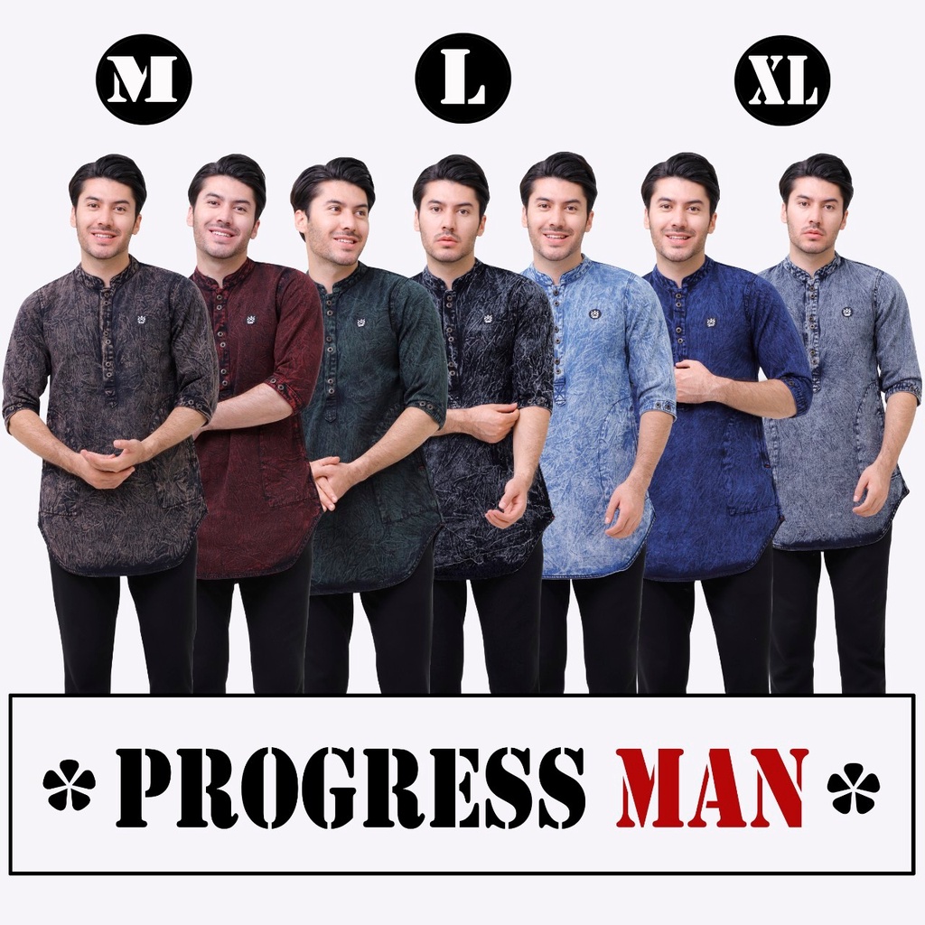 PROGRESS MAN baju koko jeans pria lengan tiga perempat koko kurta pangsi kemeja koko denim pria lengan tiga perempat kurta pangsi jeans baju kurta denim dewasa logo bordir kancing ganda Hitam washing P4N9S504