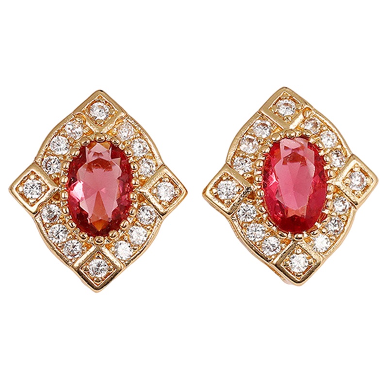 Anting Stud Cubic Zirconia Warna Merah Gaya Vintage Untuk Wanita