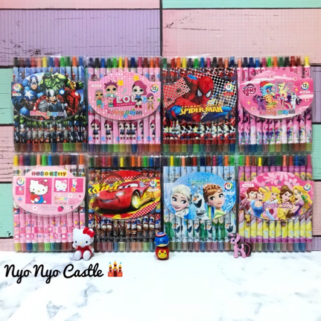 

Crayon Anak Putar 12 Warna Unicorn Mermaid Little Pony Cars Avengers Spiderman Frozen LOL Tayo