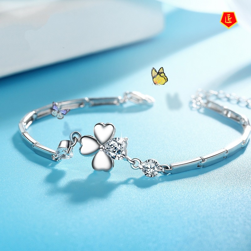 [Ready Stock]Fashion Diamond Four-Leaf Clover Silver Bracelet