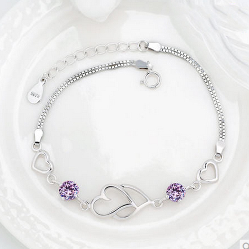 [Ready Stock]Fashion Elegant Silver Plated Inlaid Amethyst Heart-Shaped Bracelet