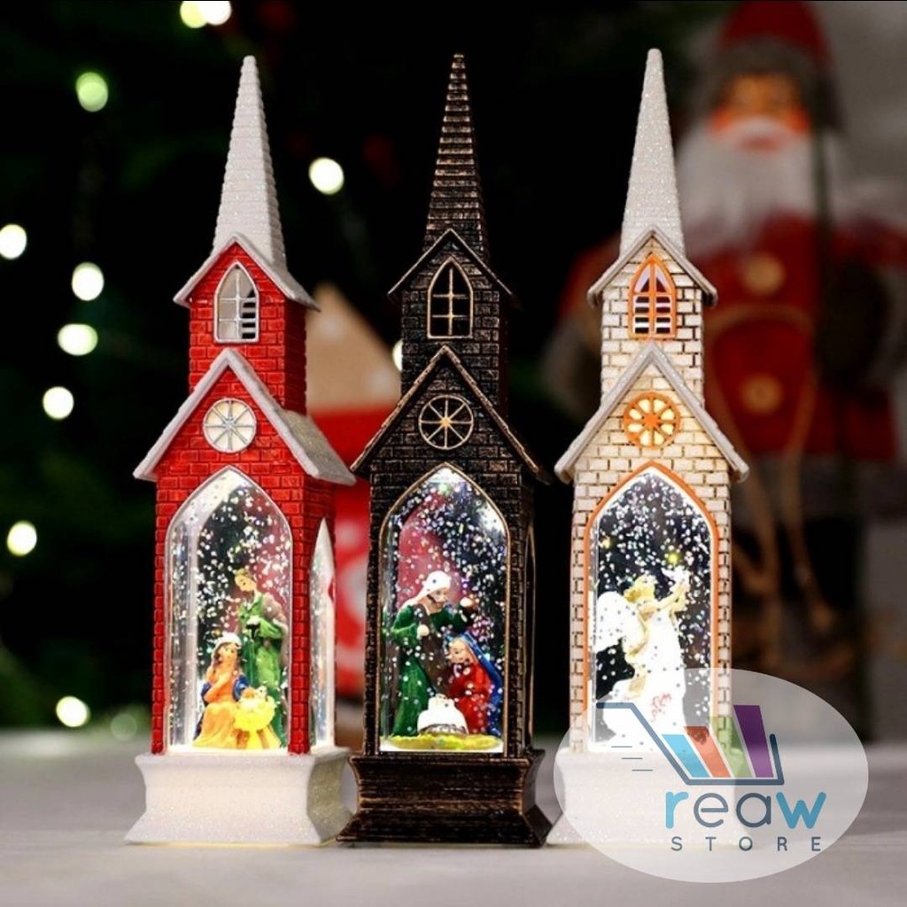 Pajangan Lentera LED Snowglobe Salju Gereja Katedral Hiasan Natal