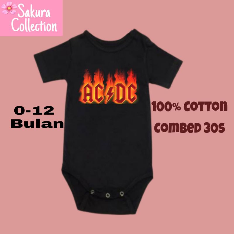 Kaos baju bayi jumper baby kids pendek band ACDC FIRE punk rock metal logo tulisan usia 0 1 2 3 4 5 6 7 8 9 10 11 12 bulan sampai umur 1 tahun adem jumpsuit babysuit romper bodysuit little anak kecil hitam style laki laki perempuan unisex nyaman lembut