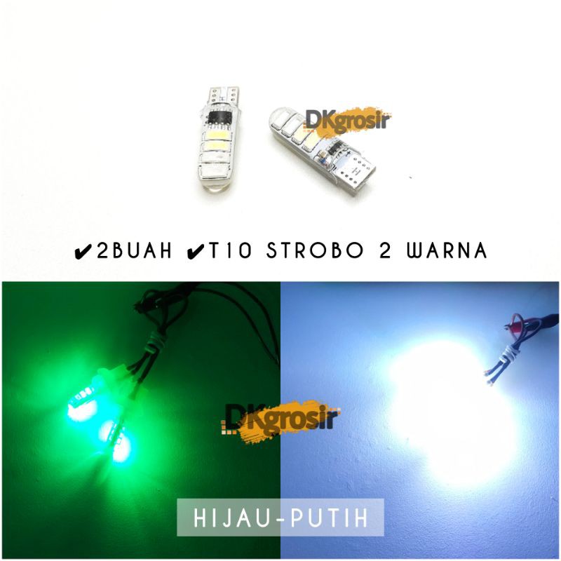 2Buah Lampu LED T10 Jelly 2 Warna Senja Sein Sen Mode Kedip-kedip-HIJAU-PUTIH