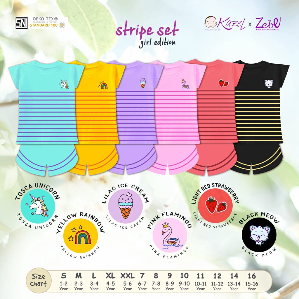 Kazel x Zebe S - 9 Tahun Stripe Set Girl Edition Setelan Baju Anak Perempuan Motif Garis CBKS P100