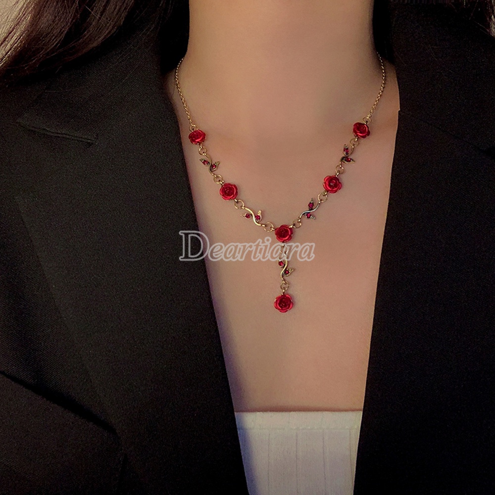 Kalung Rantai Dengan Liontin Bunga Mawar Merah Gaya Retro Perancis Untuk Wanita