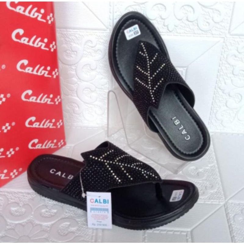 Wedges Wanita Calbi Slop 061 Termurah/wedges wanita/sandal pesta/sandal mewah/wedges calbi/sandal slop wanita-J.daun hitam