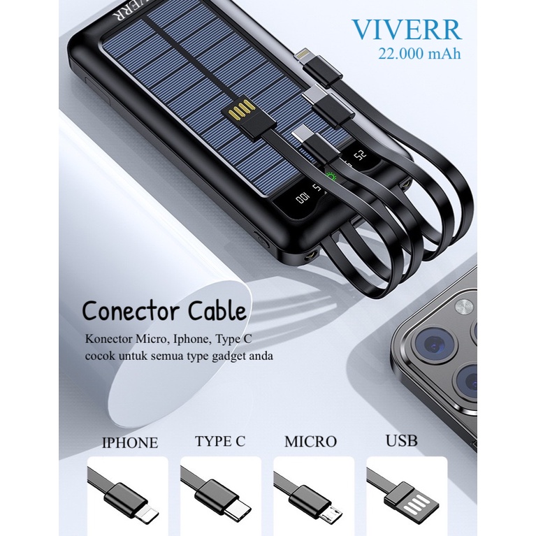 Powerbank VIVERR VS05 Solar Panel Cahaya matahari kapasitas 22.000 mAh Original Garansi 1tahun.