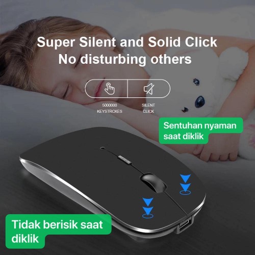 MOS-004 2.4G Wireless Mouse Rechargeable Baterai pakai cas, Design Thin Tidak Berisik Silent Mute