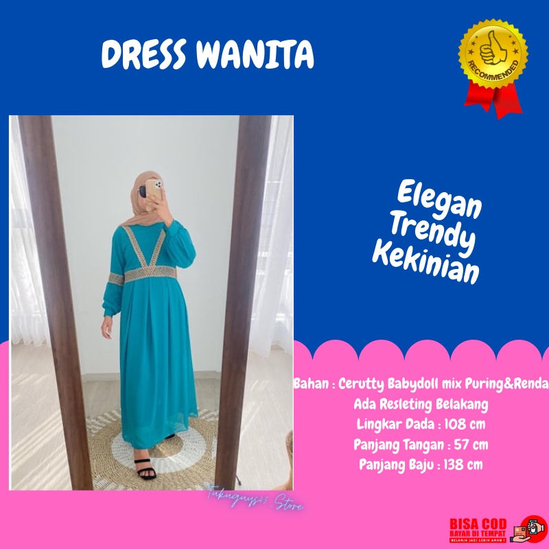 Dress Gamis Baju Pesta Kondangan Wanita Cerutty Babydoll mix Puring Renda Fashion Warna Polos Tosca 