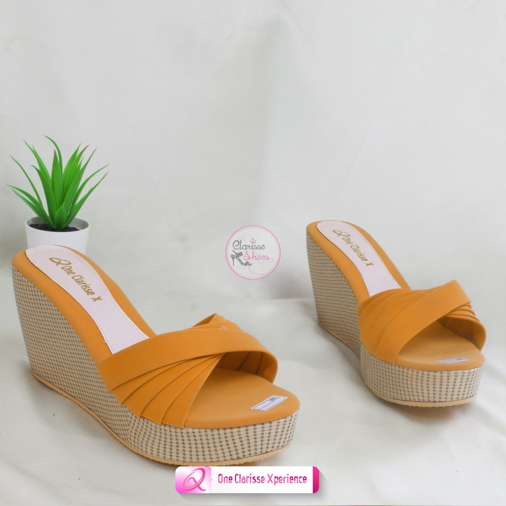 Clarisse wedges wanita SILANG LAPIS KOKOP REALPICT Sepatu Selop Hitam Tan Krem Hak 7 Cm Simple