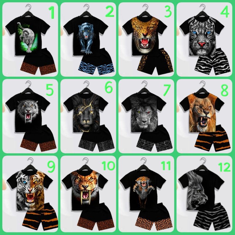 SETELAN BAJU ANAK COWO MOTIF MACAN HARIMAU UNIK  / SETELAN KAOS ANAK COWO GAMBAR BINATANG MACAN