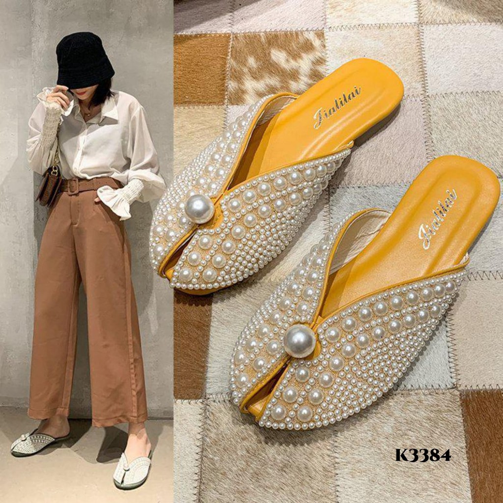 PRF  Flat Slippers Faddish Full Pearl Decor K3384