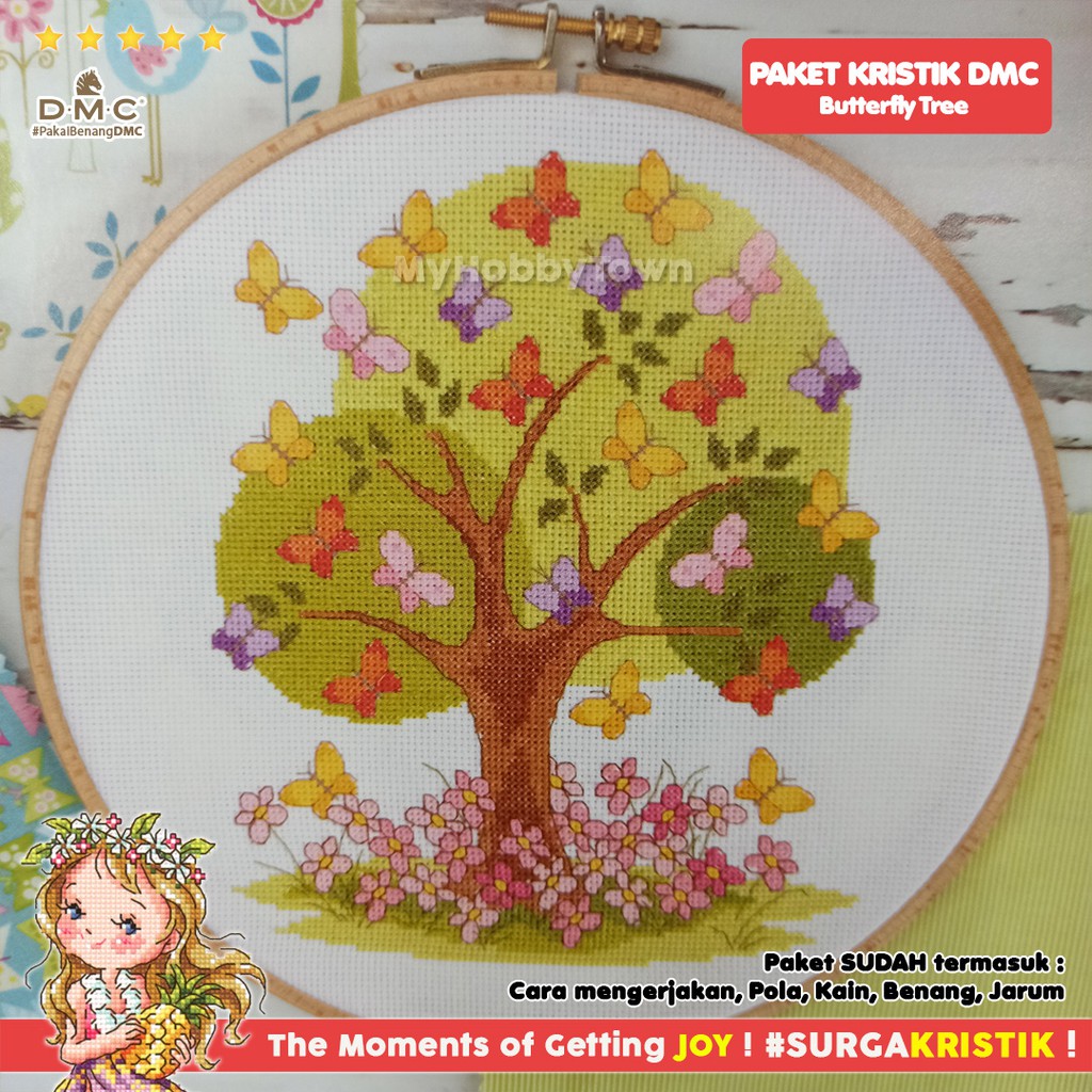 Paket DIY Craft Sulam Kristik Strimin TUVA Retro - Butterfly Tree Nature Pohon Bunga