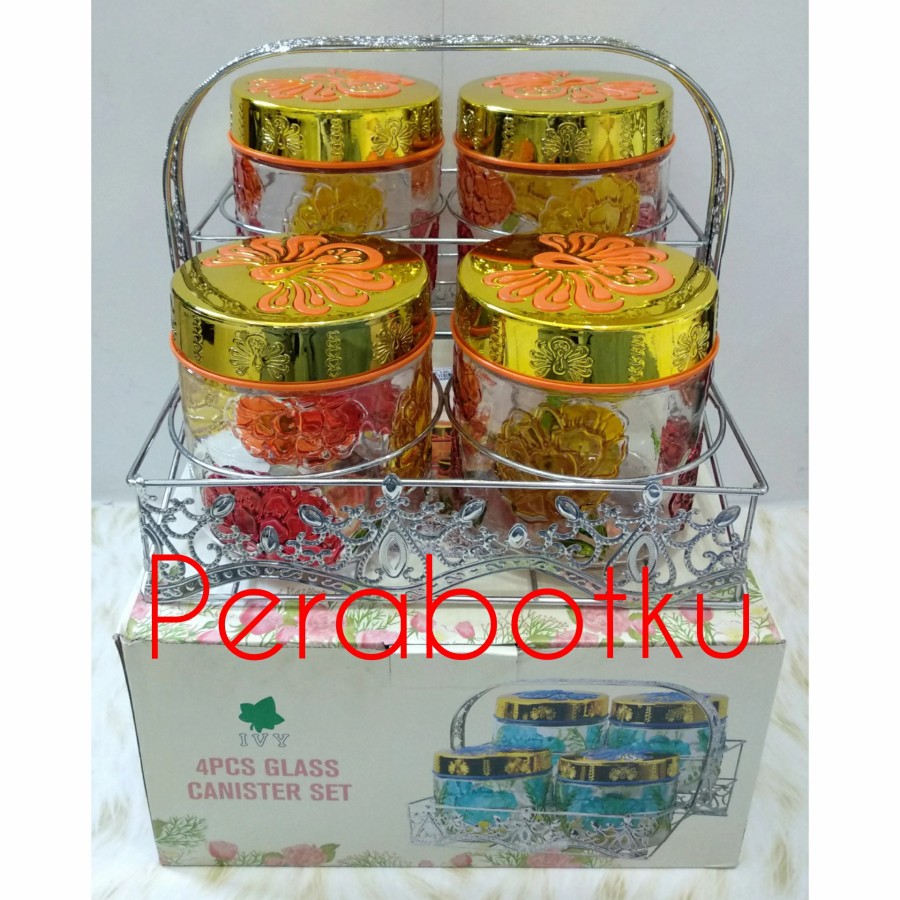 Toples Kaca + Keranjang IVY Set 4 pcs / Toples Bening Motif / Toples Kue Lebaran