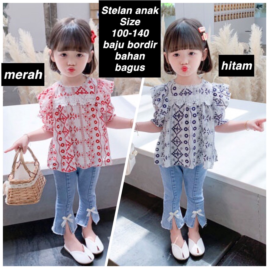 (LOLI-JKT) BS-236 SET ANAK CEWEK CLASSICAL LACE EMBROIDERED TOP + SPLIT DENIM SIZE 100-140