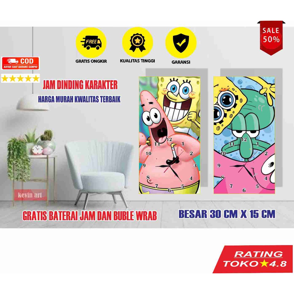 JAM DINDING KARAKTER SPONGEBOB SQUAREPANTS ANIMASI SPONSBOB UNIK BESAR KAYU VINTAGE SOUVENIR JAM CAFE Kevinart