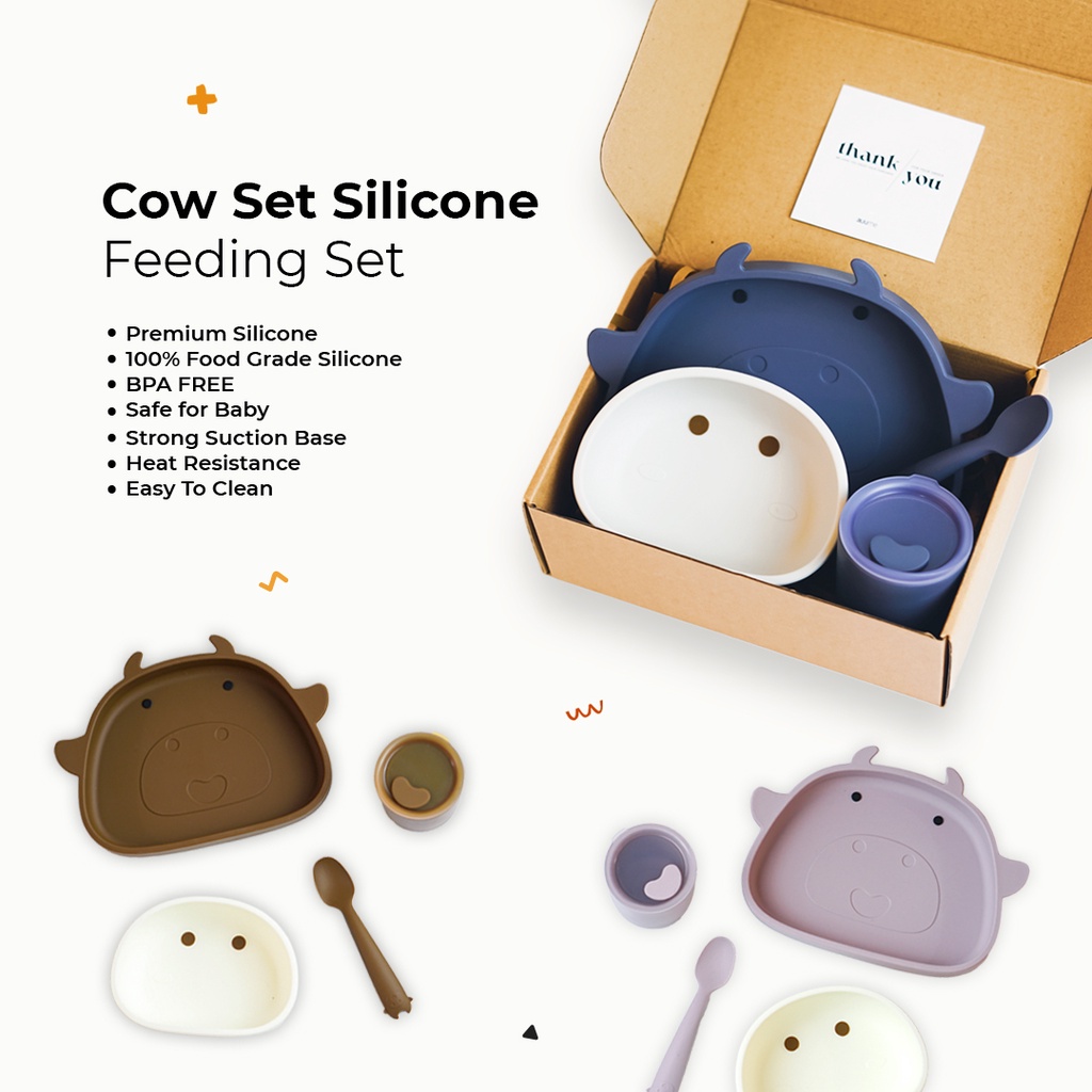 Auume - Silicone Cow Baby Plate Set | Peralatan Makan Piring Mangkok Sendok Gelas Silikon Set Bayi |