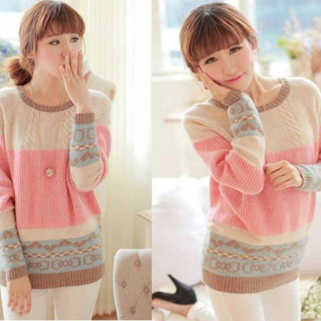 Sweater pinky jumbo wanita baju hangat cantik list rainbow