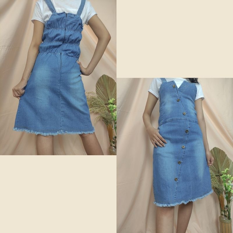 SB Collection Overall Dress Midi Andini Pendek Jeans Jumpsuit Wanita Biru Muda dan Tua