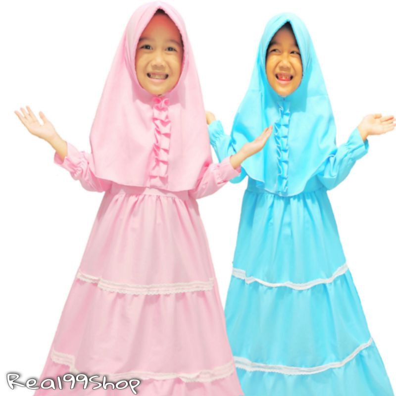 Real99Shop Gamis renda susun anak perempuan + hijab 2-7 tahun