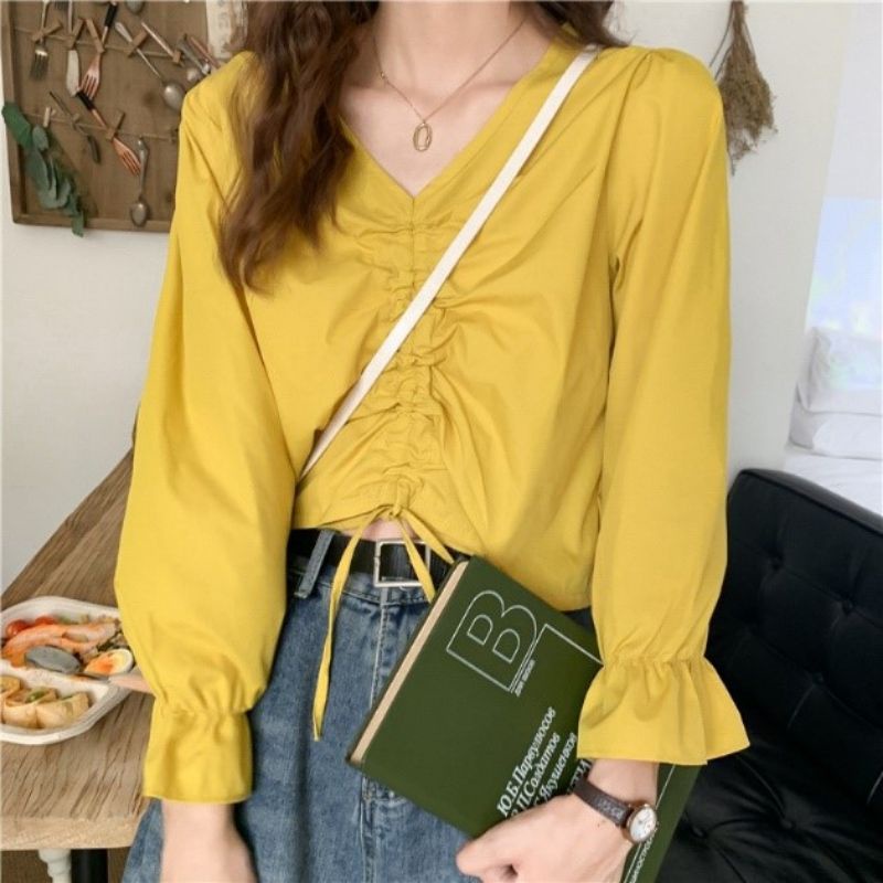 kerut blouse lengan panjang long Sleeve// lengan balon kerut vneck ilzzang serut crop tali depan