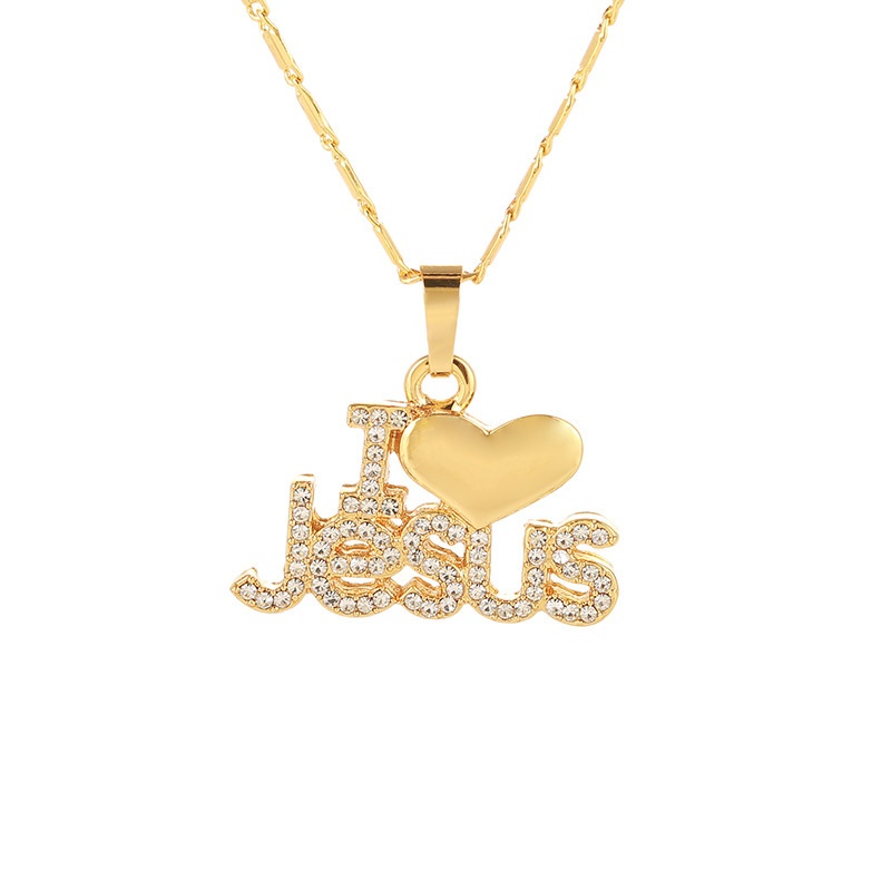 Kalung Rantai Liontin Hati + Huruf I Love Jesus Hias Zircon Untuk Wanita