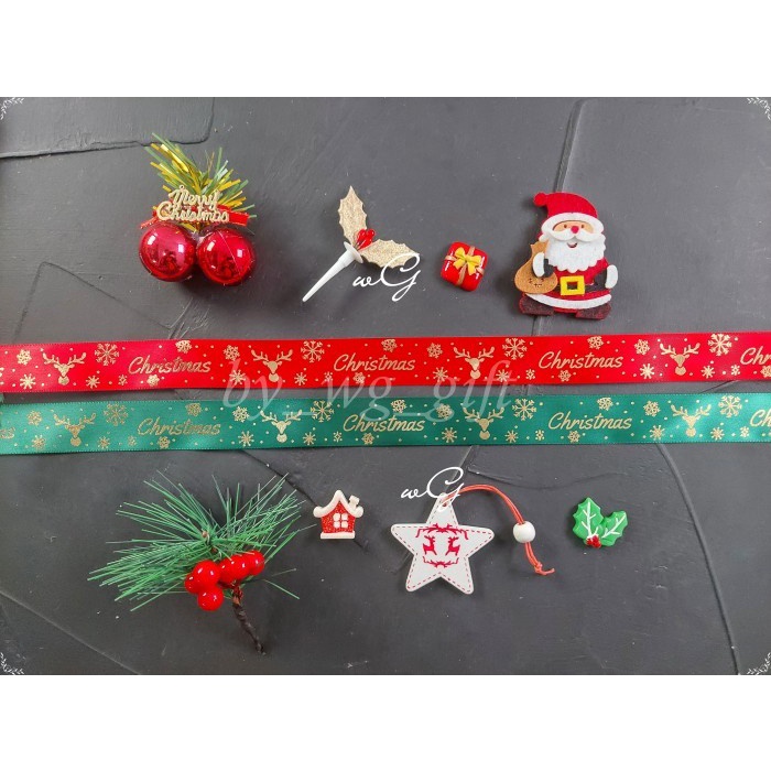 

Pita Natal Christmas - Satin - Merah / Hijau - Emboss I ; Lebar 1.5 cm