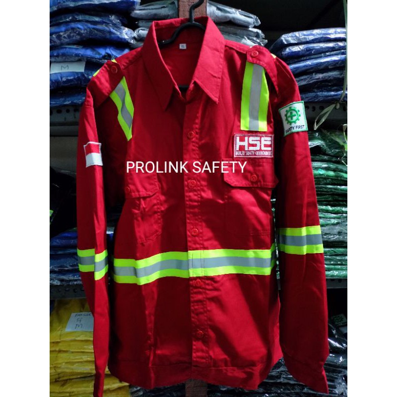 BAJU HSE SERAGAM SAFETY MERAH KANCING FREE LOGO ATASAN KAIN DRILL