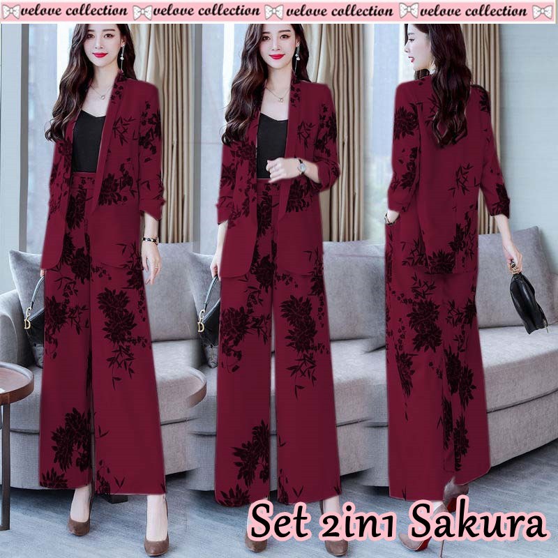 MIA STORY FASHION Setelan Motif Bunga 5 Warna One Set Cardy + Celana Super Cantik Setelan Wanita Kekinian-Maroon