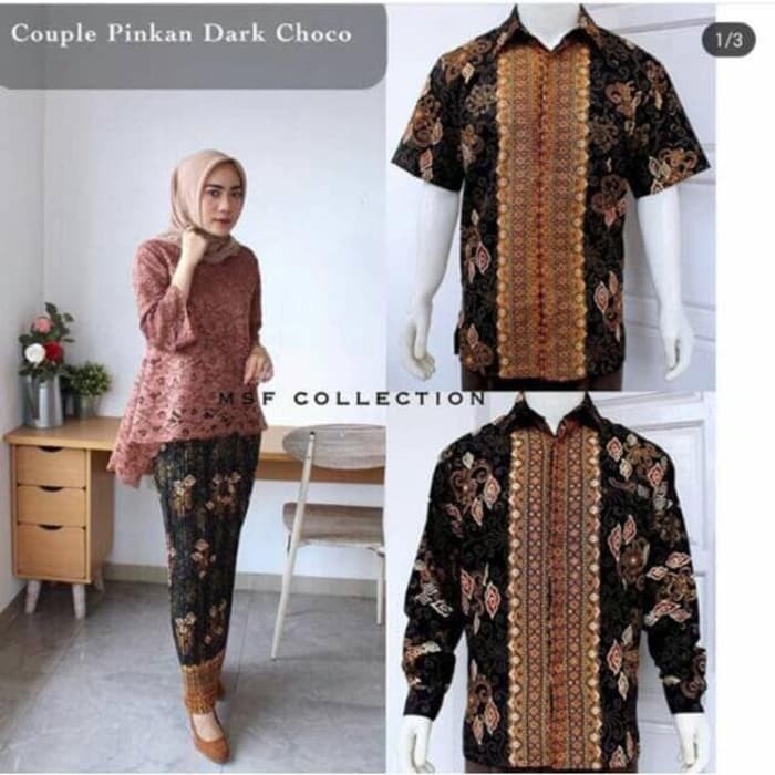 SB Collection Couple Stelan Ria Kebaya Blouse Brukat Rok Plisket Super Jumbo Dan Kemeja Batik Pria