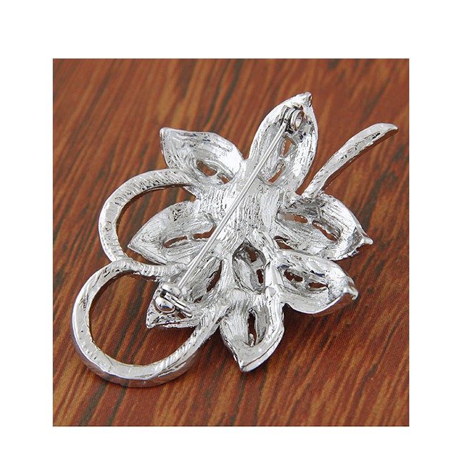 LRC Bross Fashion Silver Color Pearl Alloy Hollow Brooch With Diamond Petals A62256