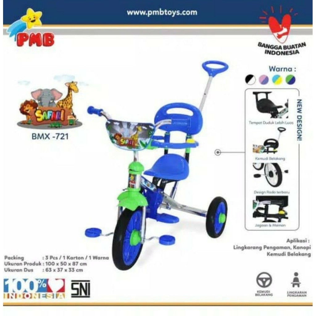 SEPEDA ANAK BALITA RODA TIGA MERK PMB TIPE 721 BMX NIKEL Dorongan Stir