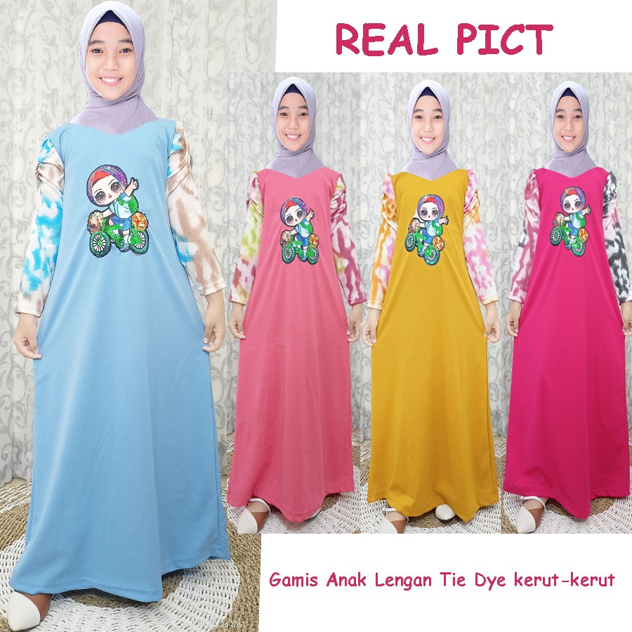 DRESS ANAK LENGAN KERUT TIE DYE GAMIS GAMBAR ANAK SEPEDAAN CARLINA