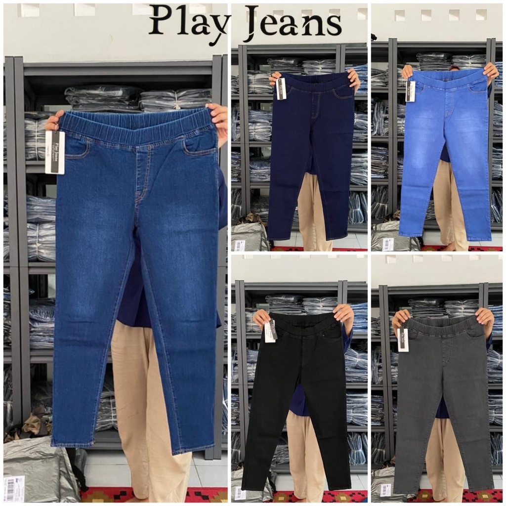 Play Jeans - Celana Jeans Pinggang Full Karet Celana Jeans Wanita Legging Jeans Jumbo Size 31-42