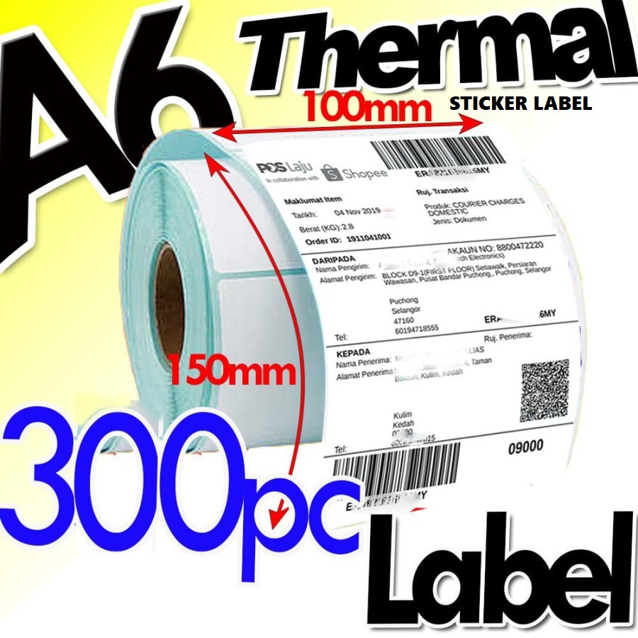 

STICKER LABEL THERMAL 100 X 150 MM - ISI 300 PCS [KUALITAS PREMIUM]