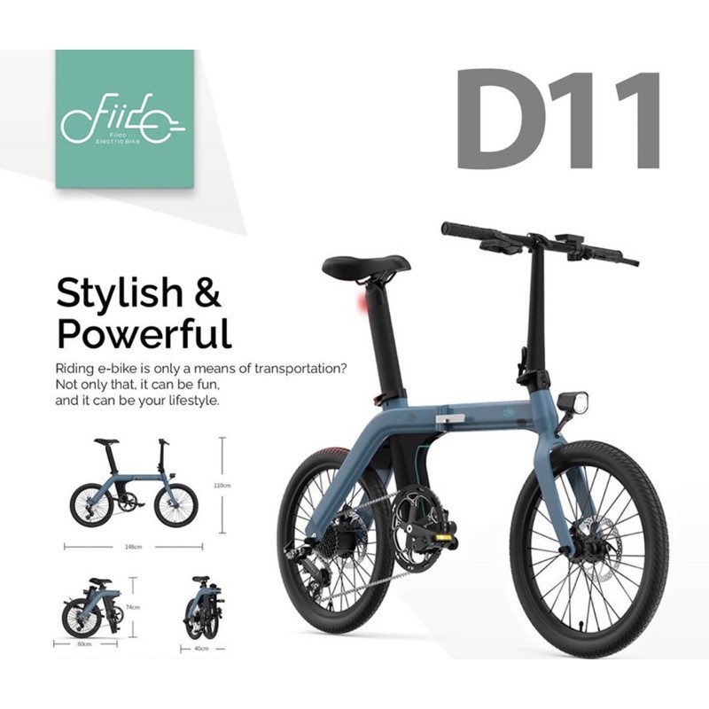 Fiido D11 Sepeda Lipat Listrik 20 Inch Biru, Baterai Lion 11.6 Ah, Berdaya 250 W, Jarak Tempuh 100 km