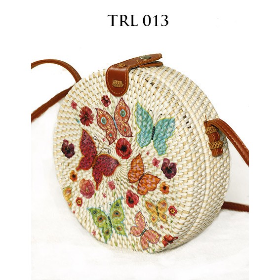 Sweet Honey ~ Grosir Tas Rotan Bali Lukis Decoupage Motif Kupu TRL013 Diameter 20cm Bisa COD Bayar di tempat